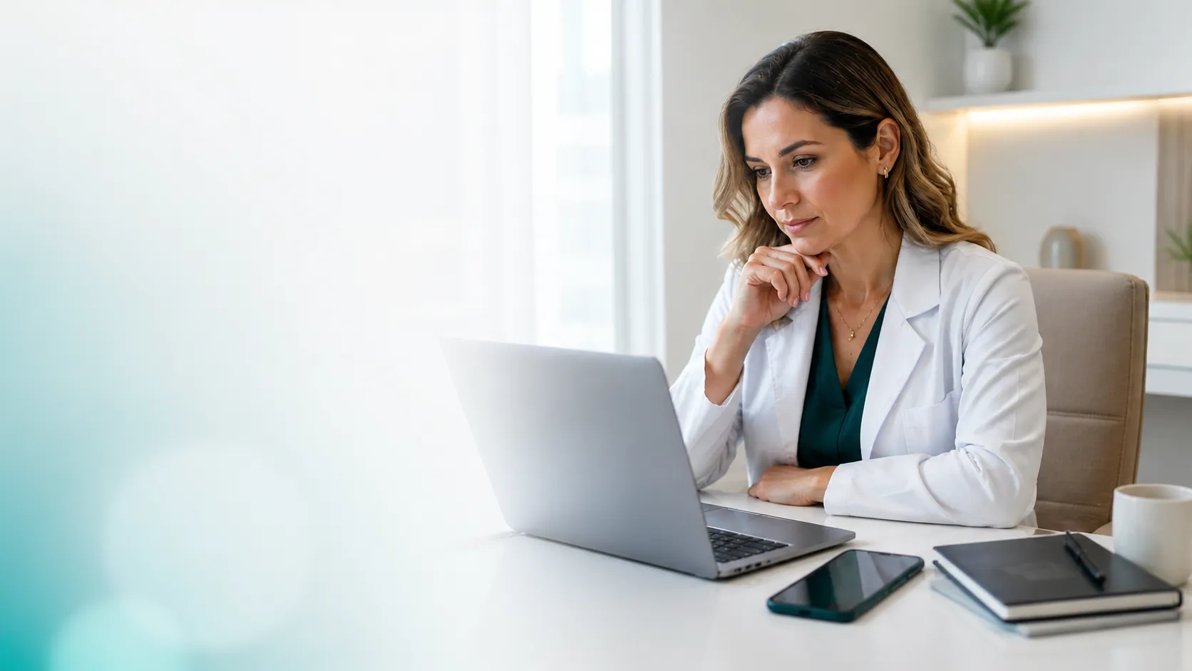 Profissional de saúde em consultório moderno usando notebook